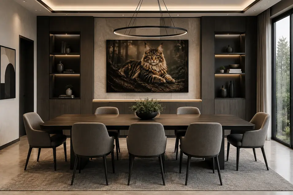 Elegant modern dining room with dark wood built-ins, soft lighting, a large table, and a striking portrait of a majestic cat as the focal point.