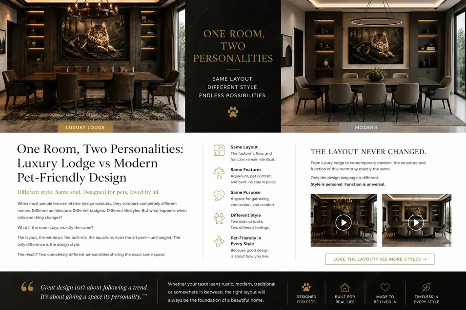 Luxury Lodge vs Modern: the same dining room layout reimagined in two distinct styles, showing how design choices transform a space's personality.