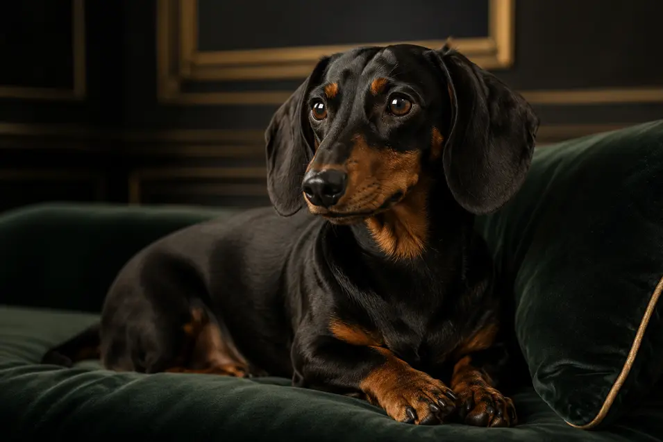 Elegant dachshund in a luxurious editorial setting with dramatic studio lighting, rich textures, and a premium fashion-inspired, photorealistic composition.
