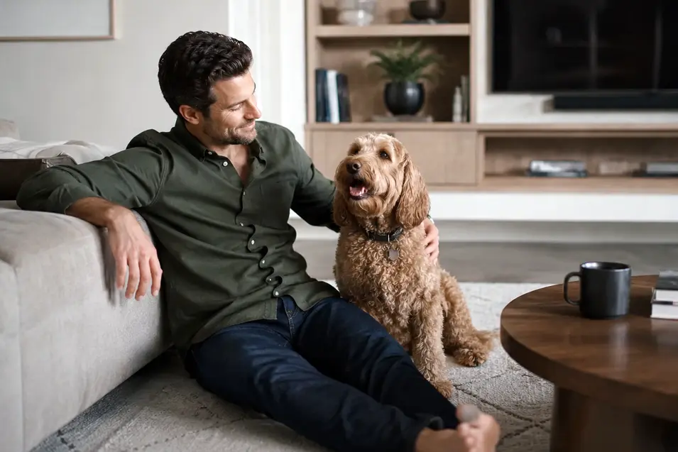 Man relaxing beside his dog in a bright modern living room with neutral decor, warm natural light, and contemporary furnishings in a magazine-style photo.