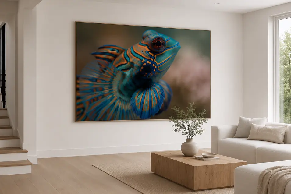 Bright, high-end minimalist living room with warm oak floors, sculptural furniture, and a striking oversized Mandarin dragonet artwork as the focal point.