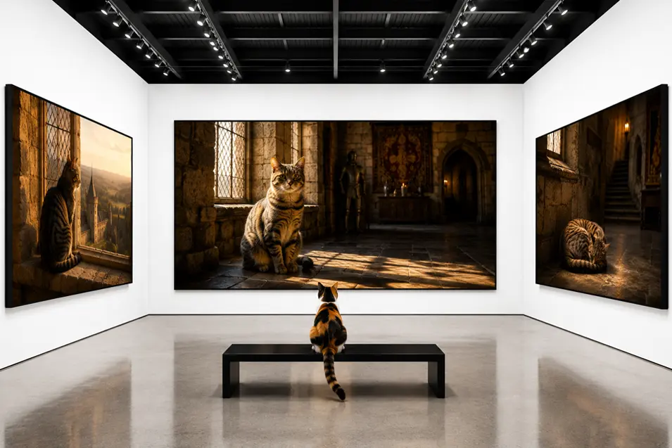 Modern gallery with bright white walls, a calico cat on a bench, and three oversized framed artworks featuring cats in medieval castle scenes and elegant cat architecture.