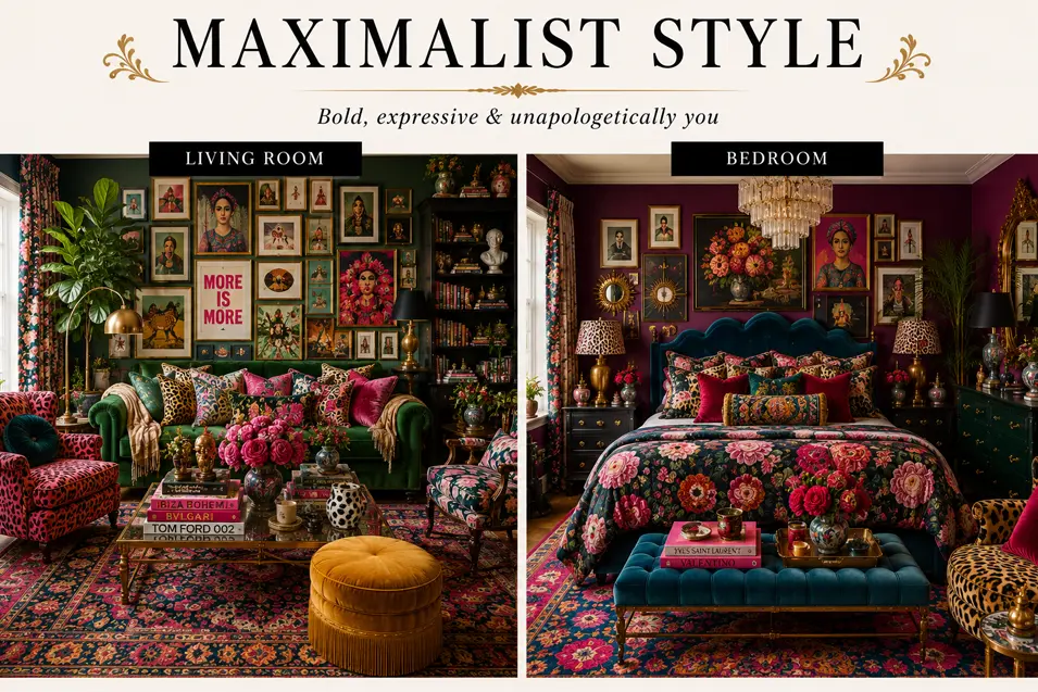 Maximalist style interior showcase featuring a vibrant living room and bedroom with bold colors, layered patterns, gallery walls and luxurious eclectic decor.