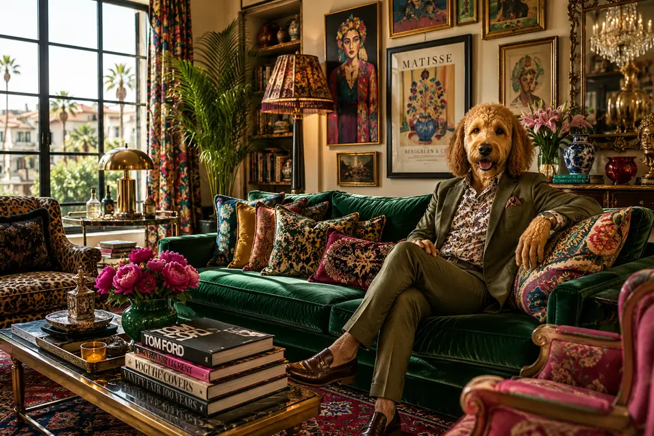 Maximalist living room with a stylish doodle interior designer, featuring bold patterns, vibrant artwork, velvet seating, layered textures, and luxe décor.