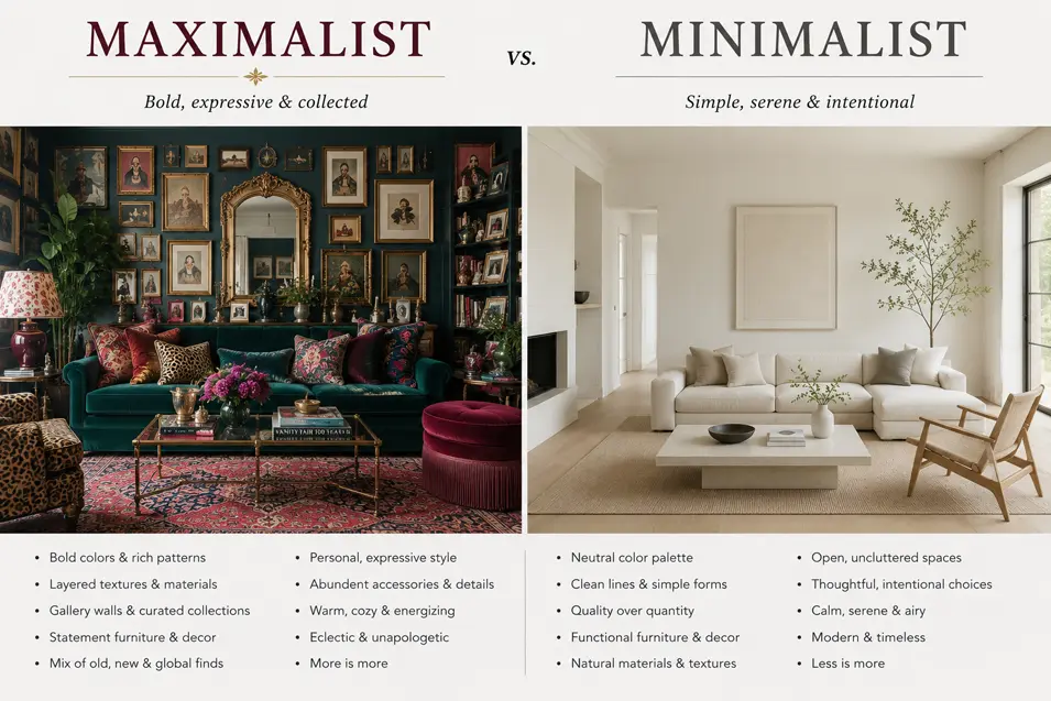 Side-by-side living room comparison: Maximalist style with bold colors, layered decor and collected treasures vs Minimalist style with clean lines, neutral tones and open space.