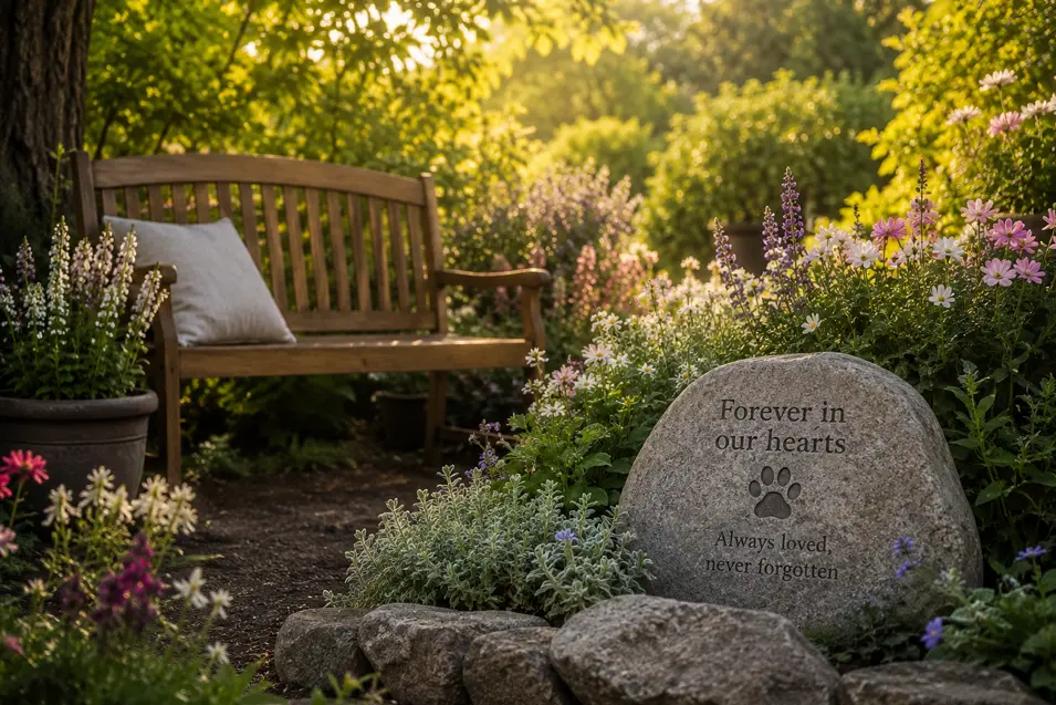 Peaceful garden bench surrounded by colorful flowers and greenery, with a pet memorial stone in the foreground, bathed in warm golden sunlight.