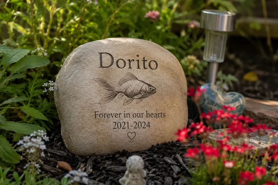 Garden memorial stone engraved with a goldfish and the name Dorito, surrounded by flowers and greenery in a peaceful outdoor setting.