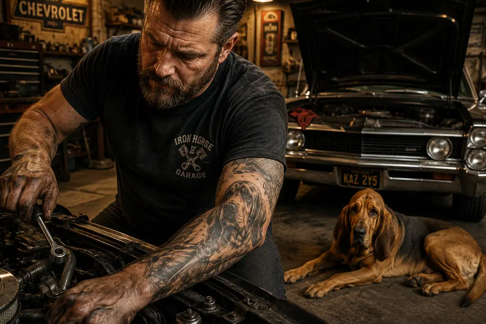 Grease-stained mechanic works on a classic car while a loyal Bloodhound rests nearby, his forearm tattoo honoring man's best friend.