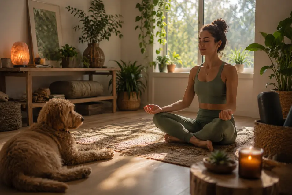 Woman meditating on a rug in a sunlit wellness room with lush plants and warm natural decor, while a relaxed dog watches nearby.