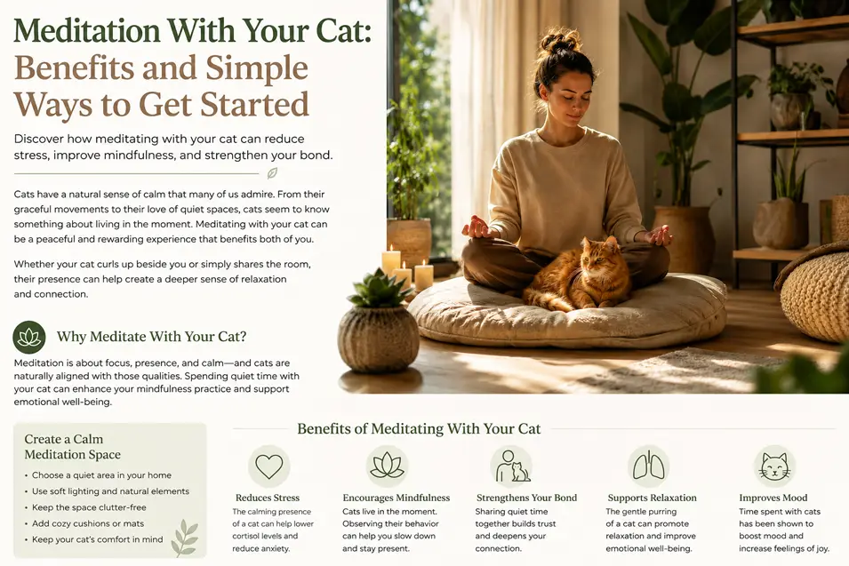 Woman meditating on a floor cushion beside an orange cat in a sunlit wellness room filled with indoor plants, natural textures, and calming décor.