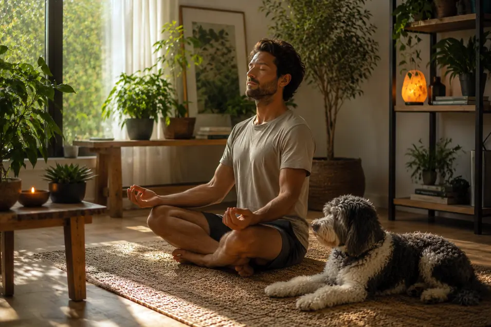 Man meditating on a woven rug in a sunlit wellness room with lush plants and warm decor, while a fluffy dog relaxes beside him.