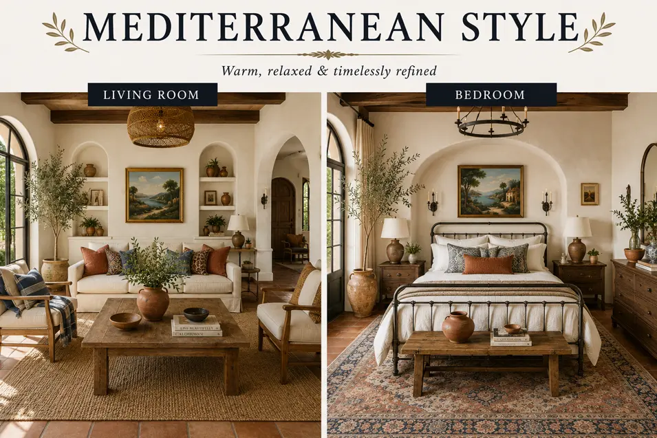 Mediterranean style interior showcase featuring a warm living room and bedroom with terracotta tones, natural textures, arched details and rustic elegance.