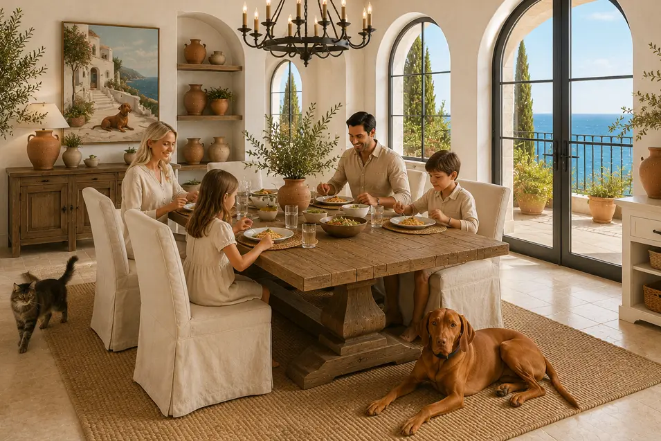 Family enjoying dinner in a bright Mediterranean dining room with a reclaimed wood table, coastal views, terracotta décor, a Vizsla dog, and a Maine Coon cat.