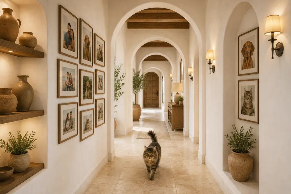 Maine Coon cat walking through a bright Mediterranean hallway with limestone floors, white plaster arches, ceramic displays, warm sconces, and family photo galleries.