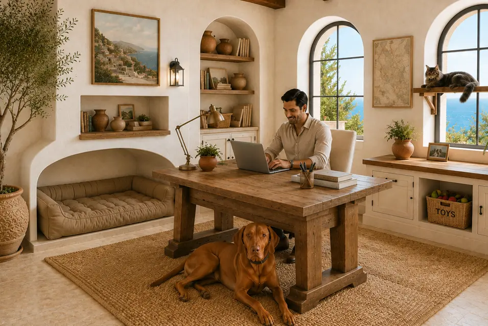 Man working at a rustic desk in a bright Mediterranean home office with arched sea-view windows, a large Vizsla bed alcove, cat shelf, and olive tree.