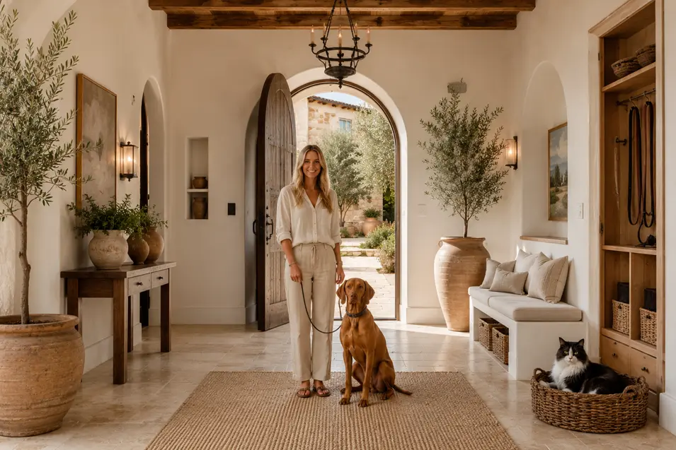 Blonde woman with a Vizsla in a bright Mediterranean entryway featuring arched doors, limestone floors, terracotta planters, hidden pet storage, and a Maine Coon cat.