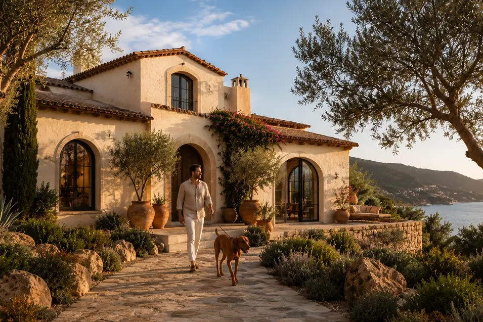 Man walking a Rhodesian Ridgeback along a stone path outside a luxury Mediterranean coastal villa with arched windows, olive trees, and golden-hour ocean views.