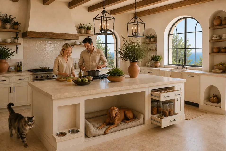 Couple cooking in a bright Mediterranean kitchen with cream cabinetry, stone counters, a large island, built-in Vizsla dog nook, feeding station, and Maine Coon cat.