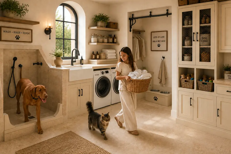 Girl carrying a laundry basket through a bright Mediterranean laundry room while a Maine Coon cat follows, with a walk-in dog wash, feeding station, and cream cabinetry.