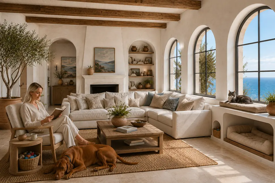 Blonde woman reading in a bright Mediterranean living room with sea-view arched windows, a Vizsla on a woven rug, a Maine Coon cat perch, and a built-in pet nook.