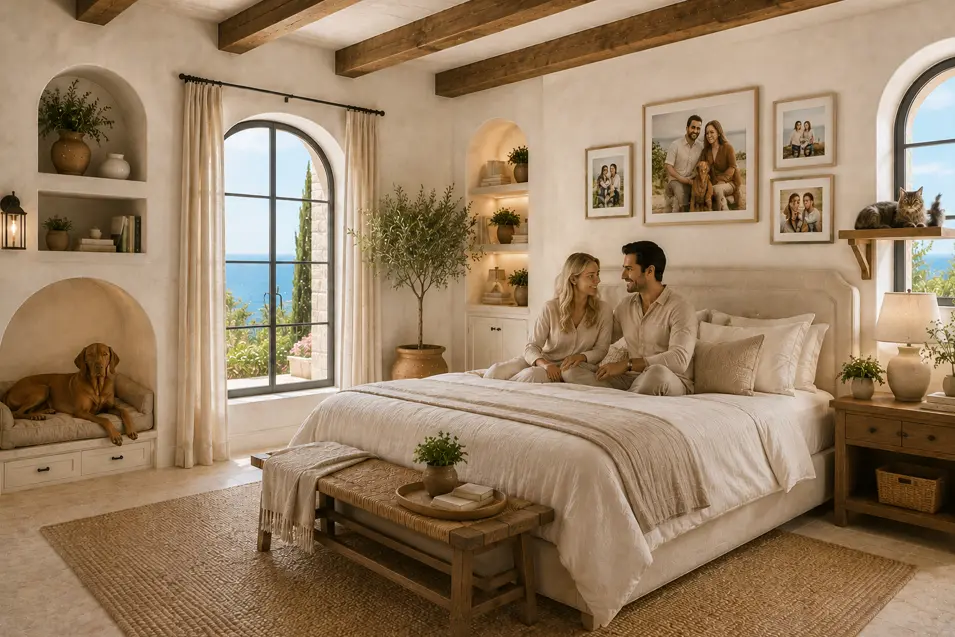 Mediterranean primary bedroom with timber beams, arched sea-view windows, linen bedding, a built-in Vizsla dog alcove, cat shelf, and family portrait gallery wall.