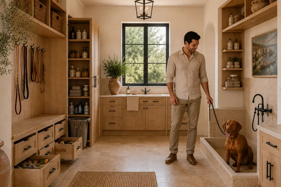 Man and Vizsla dog in a bright Mediterranean mudroom with travertine floors, white oak cabinetry, leash storage, toy drawers, and a low-entry dog wash station.