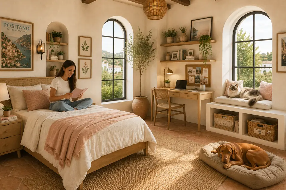 Teen girl's Mediterranean bedroom with arched windows, terracotta floors, a study desk, woven textures, a Vizsla resting bed, and a cat perched by the window.