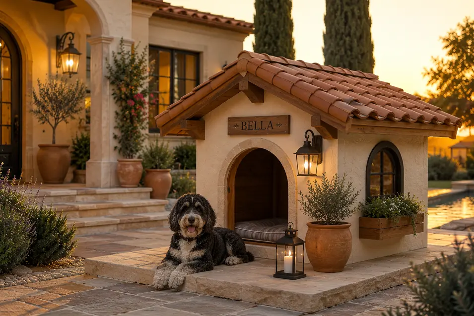 Luxury Mediterranean Villa dog house with stucco walls, terracotta roof, cedar accents, and a landscaped courtyard at golden hour.