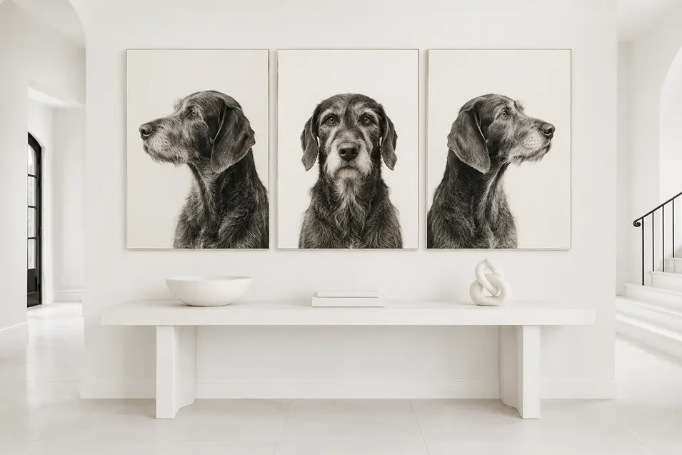 Minimalist luxury foyer with a monochrome triptych of dog portraits, sculptural decor, and bright contemporary architecture.