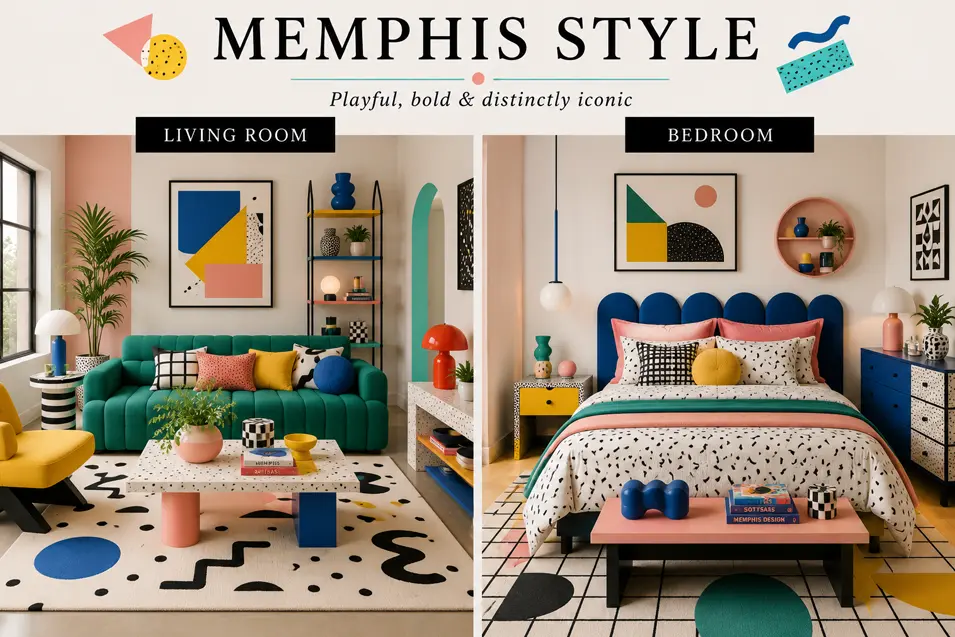 Memphis style interior showcase featuring a playful living room and bedroom with bold colors, geometric patterns, retro shapes and iconic 1980s-inspired design.