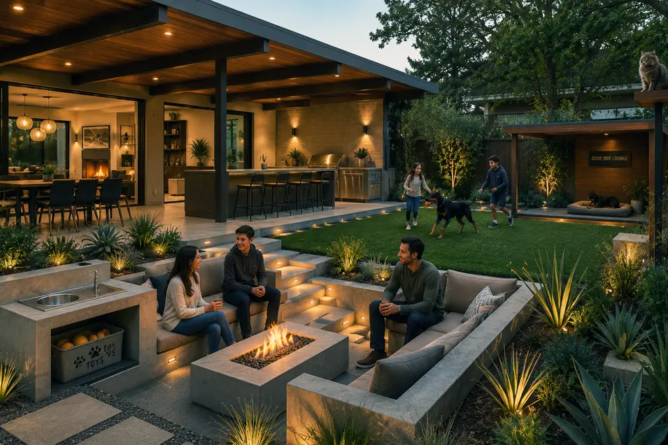 Mid-century modern backyard with covered patio, outdoor kitchen, sunken fire pit lounge, family gathering, Doberman play area, and Maine Coon perch.