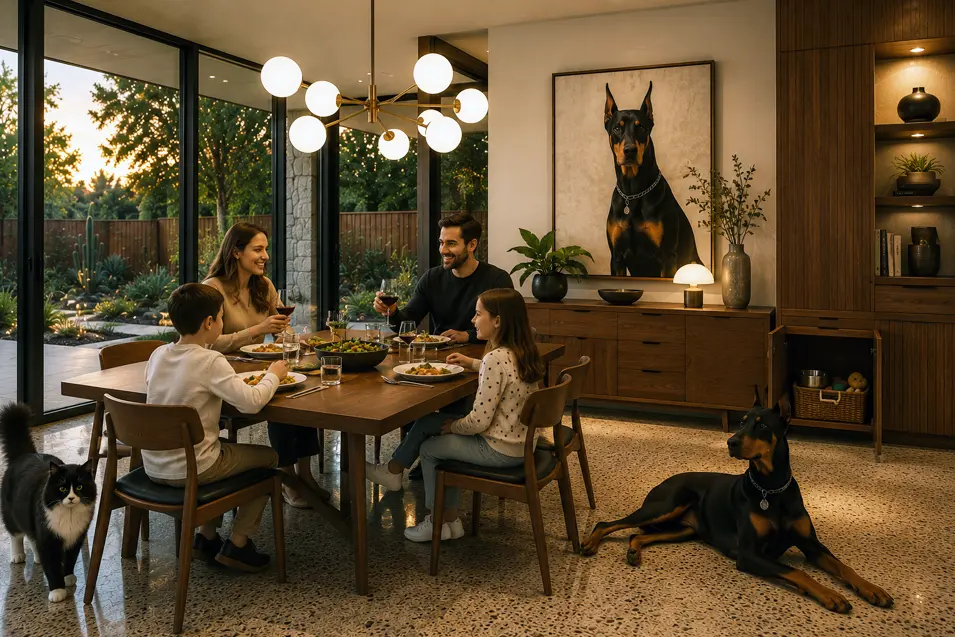 Mid-century modern dining room with walnut table, sculptural chandelier, glass walls, family dinner, Doberman, Maine Coon cat, and built-in sideboard.