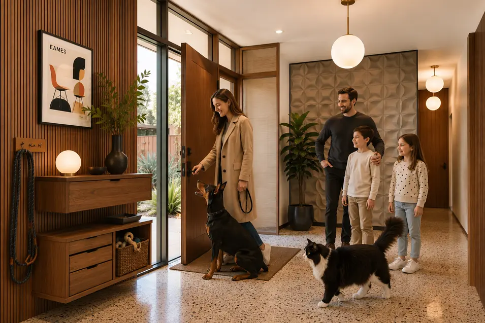 Mid-century modern entryway with walnut feature walls, terrazzo flooring, globe lighting, floating console, family with Doberman and Maine Coon preparing for a walk.