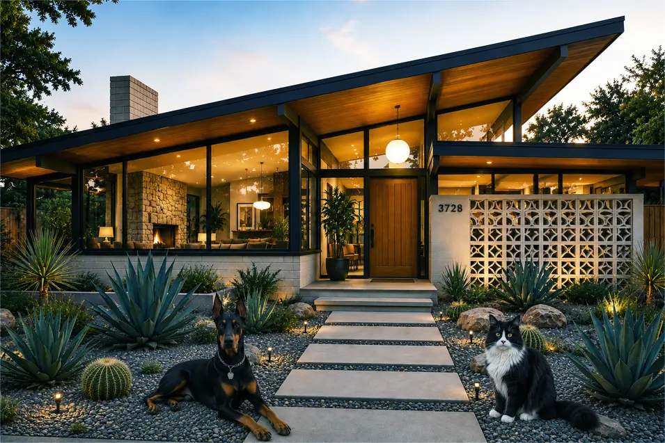 Mid-century modern pet-friendly home exterior at sunset with floor-to-ceiling windows, stone fireplace, desert landscaping, a golden retriever, and tabby cat.