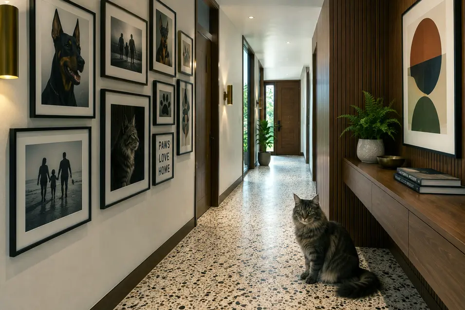 Mid-century modern hallway with walnut paneling, terrazzo flooring, pet gallery wall, Maine Coon cat artwork, architectural sconces, and a Maine Coon cat.