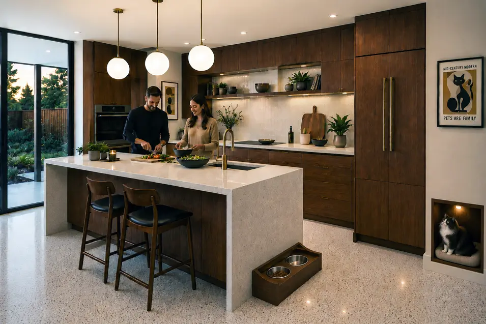 Bright mid-century modern kitchen with walnut cabinetry, quartz waterfall island, couple cooking dinner, Maine Coon cat watching from a cozy nook, and pet feeding station.