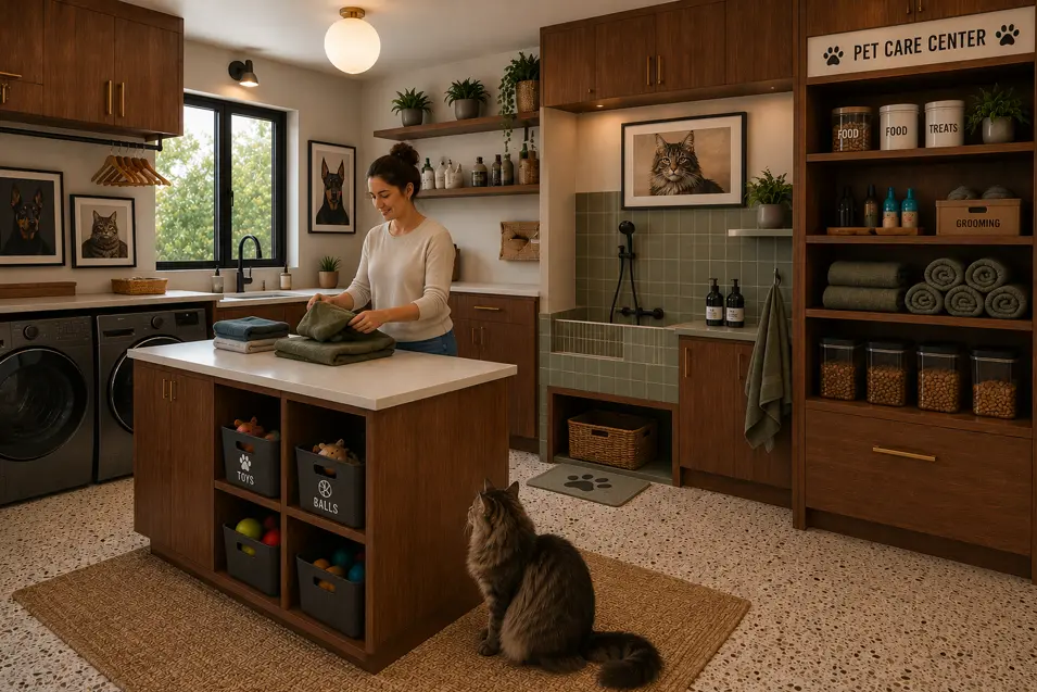 Mid-century modern laundry and pet care room with walnut cabinetry, terrazzo flooring, woman folding clothes, Maine Coon cat, pet wash area, and storage.