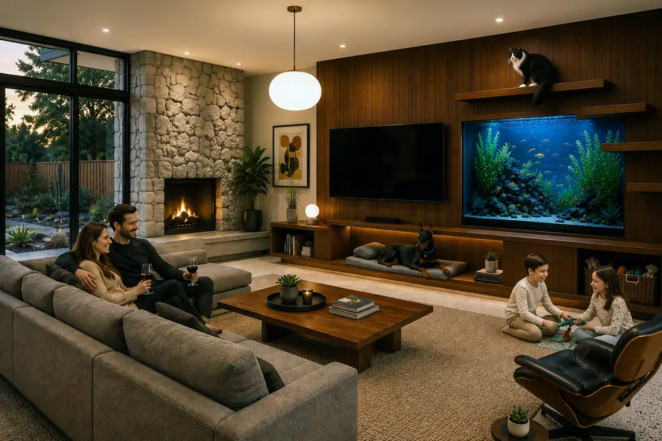 Bright mid-century modern living room with aquarium wall, stone fireplace, walnut media center, family relaxing, Doberman, Maine Coon cat perch, and garden views.