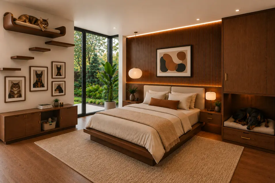 Mid-century modern primary bedroom with walnut accent wall, platform bed, Maine Coon cat on wall perch, Doberman sleeping nook, pet portraits, and garden views.