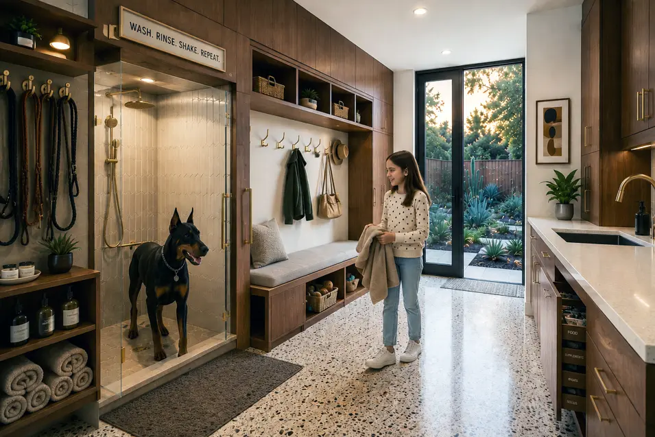 Mid-century modern mudroom with terrazzo flooring, walnut cabinetry, dog wash station, girl with Doberman, leash storage, and pet care organization.