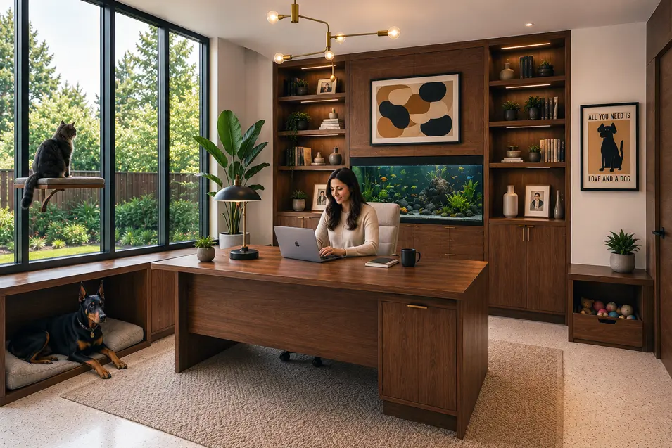 Bright mid-century modern home office with walnut desk, built-in bookshelves, aquarium, woman working, Doberman bed, and Maine Coon window perch.