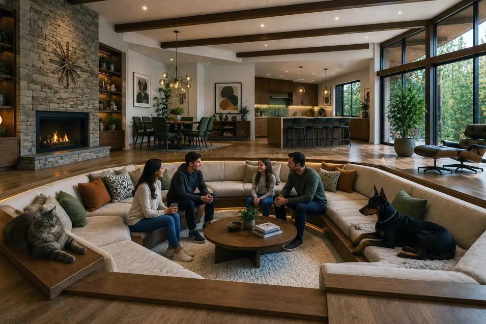 Mid-century modern great room with sunken conversation pit, family gathering, stone fireplace, floor-to-ceiling windows, Doberman, and Maine Coon cat.