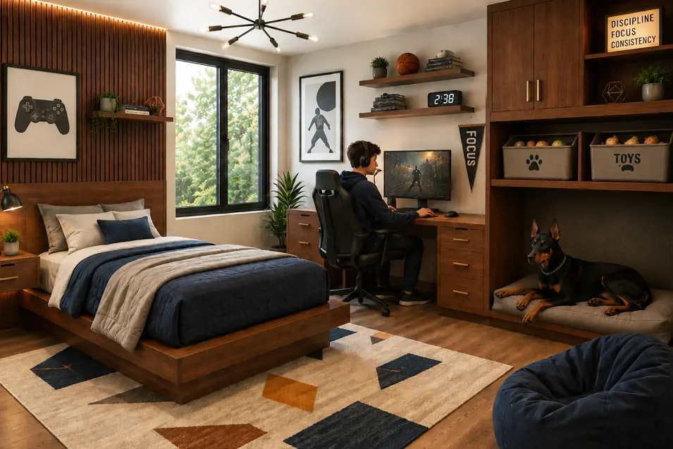 Mid-century modern teen bedroom with walnut furniture, gaming desk, geometric décor, teen gaming on computer, and Doberman relaxing in a built-in pet nook.