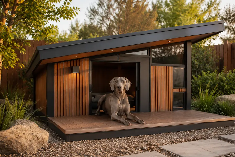 Modern luxury dog house with a dramatic sloped roof, warm cedar siding, expansive deck, and sleek black accents, featuring a relaxed Weimaraner at golden hour.