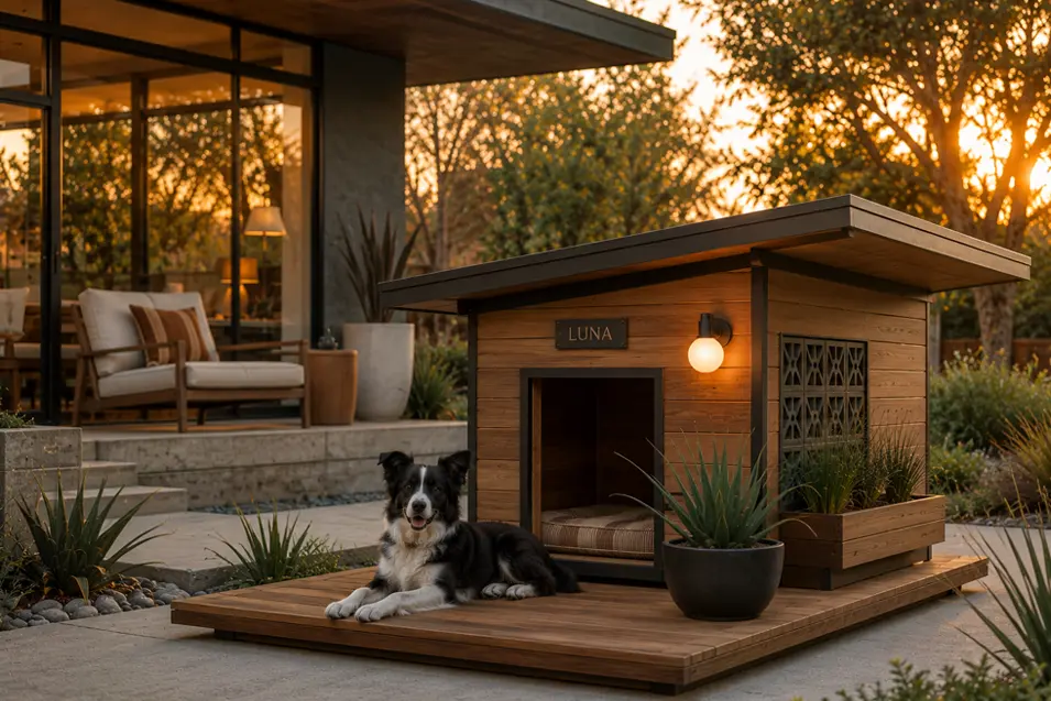 Luxury Mid-Century Modern dog house with warm cedar, clean geometric lines, retro details, and a stylish Border Collie at golden hour.