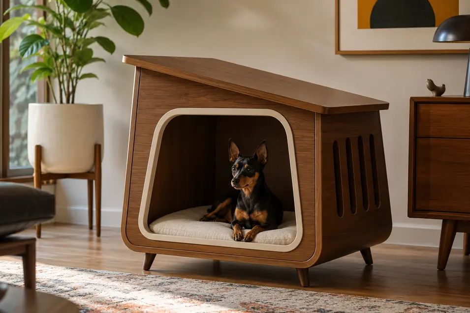 Mid-century modern indoor dog house with rich walnut wood, tapered legs, and clean lines, featuring a relaxed Miniature Pinscher on a plush cushion.