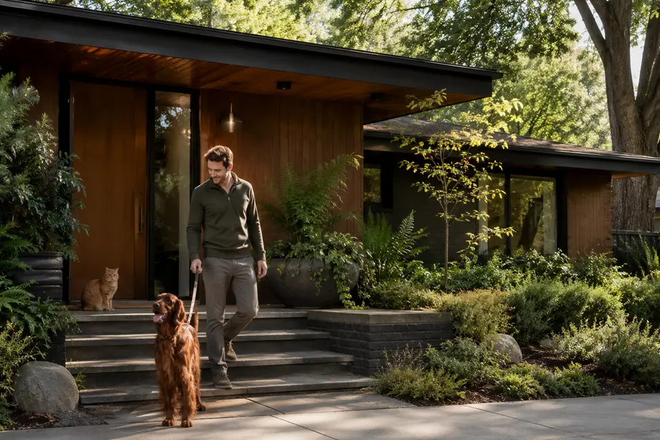 Mid-century modern biophilic home exterior with lush landscaping, a man and Irish Setter on the front steps, and an orange cat by the entrance.