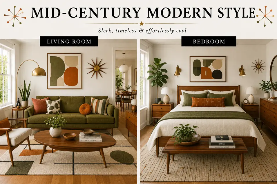 Mid-Century Modern style interior showcase featuring a sleek living room and bedroom with warm wood tones, clean lines, geometric accents and retro charm.