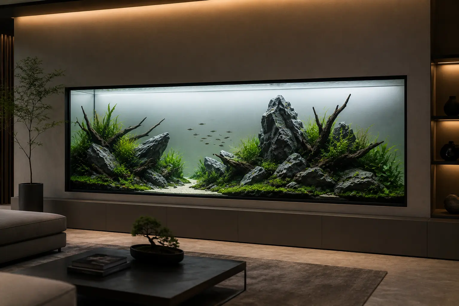 A minimalist aquascape blends stone, driftwood, and lush plants into a serene underwater landscape, where simplicity becomes living sculpture.