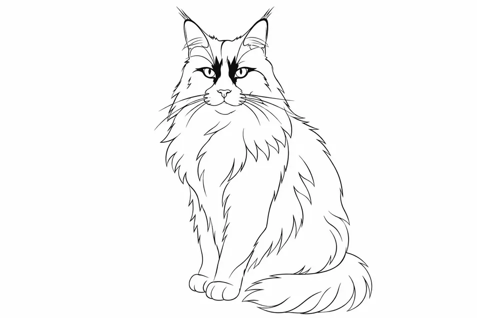 Elegant minimalist line art of a majestic black-and-white Maine Coon, drawn with clean continuous black lines on a white Scandinavian-inspired background.